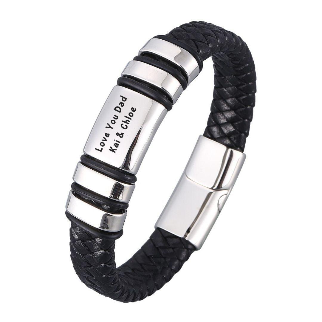 Personalised Black Leather Bracelet with Silver Clasp Australia