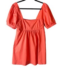 Wild Fable Square Neck Puff Sleeve Babydoll Mini Dress Coral Orange Size Medium