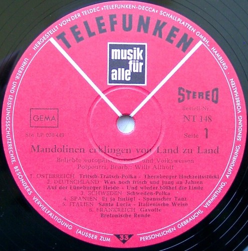 WILLI ALTHOFF - Mandolines Play Famous Continental Melodies LP - 1970's Germany - Picture 3 of 4