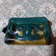 Auth Chanel Clear Pouch Green Leather CoCo Mark Vinyl Cosmetic Pouch Women's