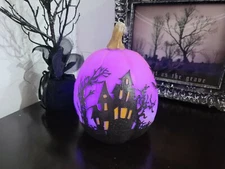 Halloween Haunted House Light Up Color Changing Resin Pumpkin Tabletop 7.75"
