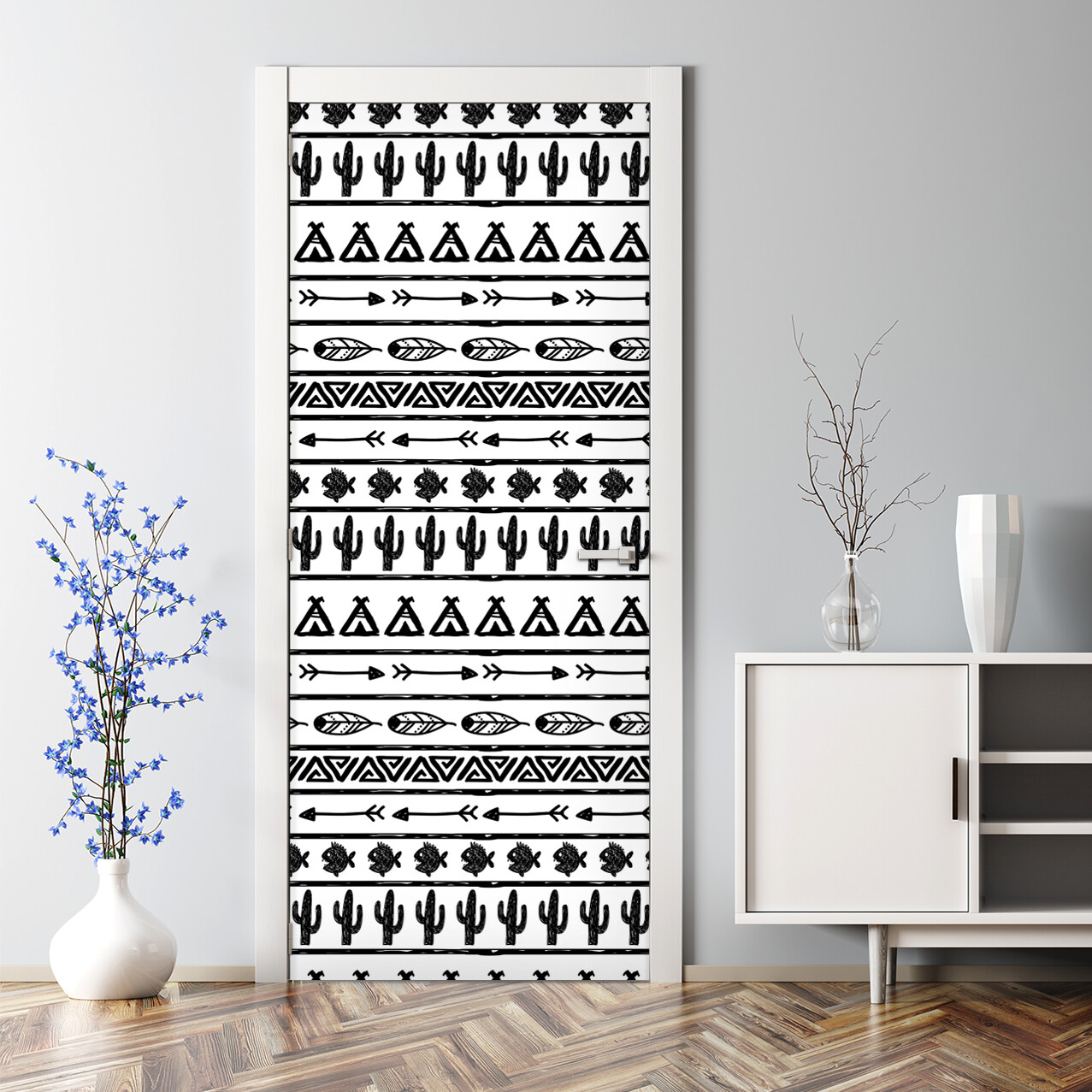 Boho Minimalist Black and White Boho Pattern Bubble Free Door sticker