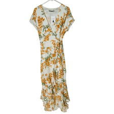 Zesica White Orange Sunflower Wrap Dress MIDI Sundress NWT!