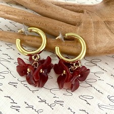 Red Acrylic Flower Petal Dangle Gold Tone Hoop Earrings