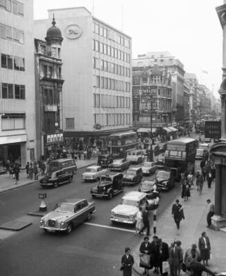 Street scene view crowds vehicles passing C&A Department store - 1960 Old Photo