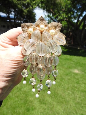 Nimble Fingers Brass Leaf Bead & Faux Pearl Chandelier Brooch 5 1/2 T