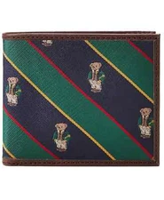 New Polo Ralph Lauren Leather Silk Tie Striped Bear Varsity Card Wallet Billfold