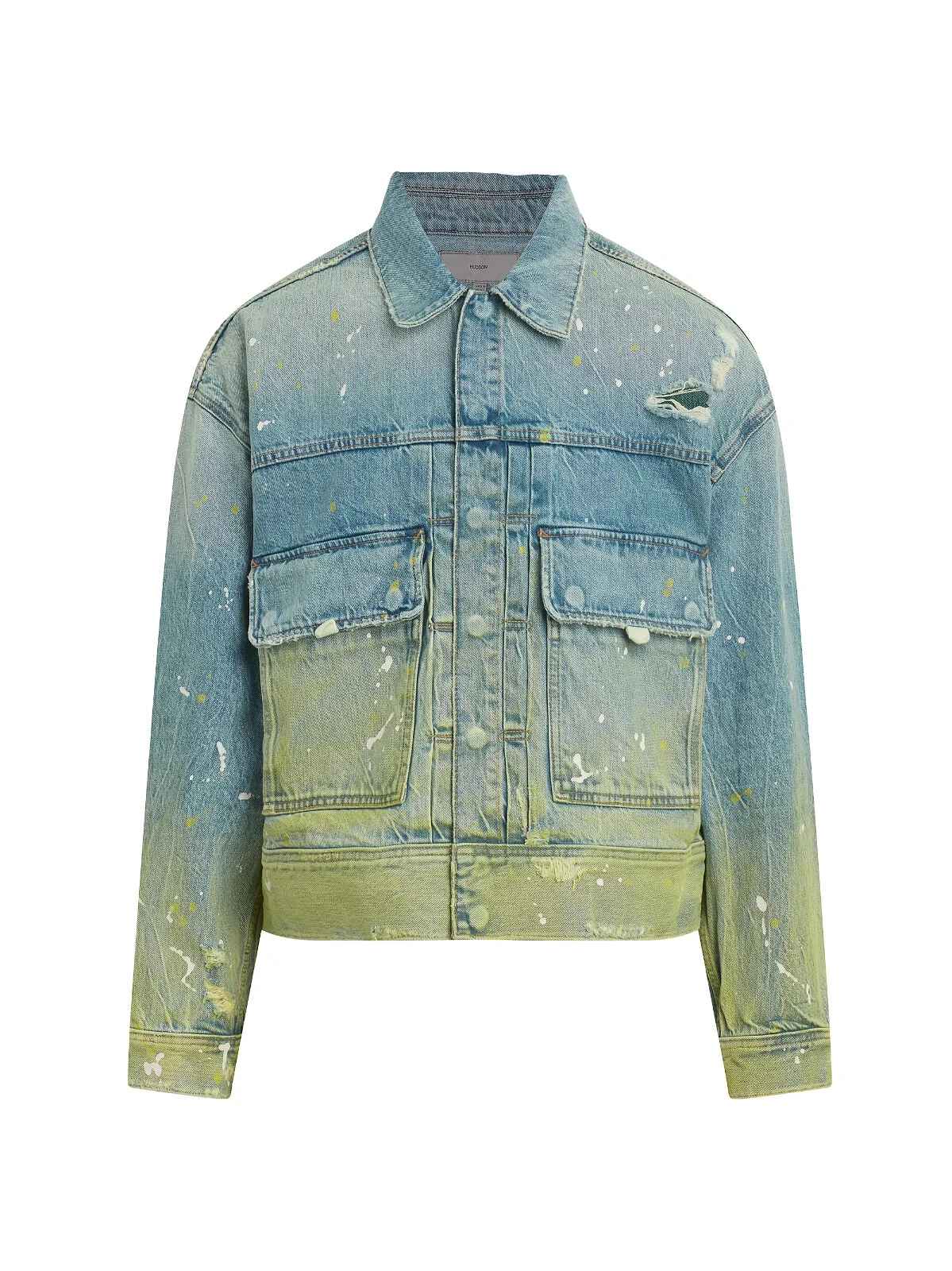 NWT Hudson Boxy Trucker Denim Jacket Mens SZ M Paint Splatter Gradient Lime $395