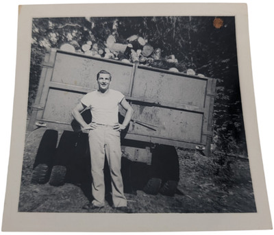 Vintage B&W Snapshot Photo Man With Logging Truck Load of Wood 3.5x3.3