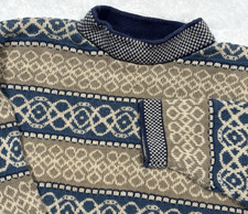 VTG 90s Geometric Stripe Sweater Mens M Blue Tan Mock Neck Grandpa Cosby Boxy
