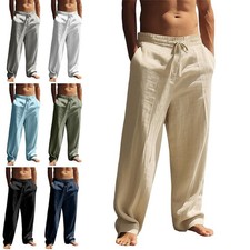 Men Pants Lounge Elastic Linen Casual Beach Waist Sports Yoga Baggy Trousers 3XL