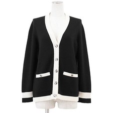 CHANEL Knit Cardigan P34305 CC Matelasse 100 -Cashmere Women Size 44 Black Ivory