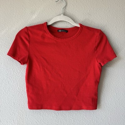 Zara Crop Top Size Medium Red TShirt Short Sleeve Crewneck Basic Layering Cotton