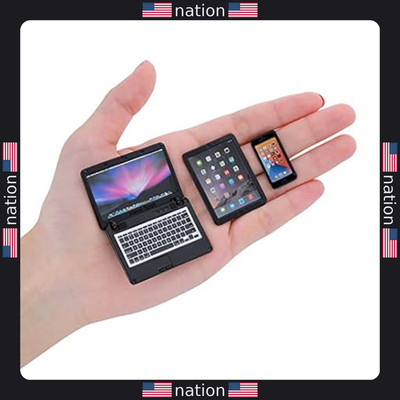 3Pcs Mini Dollhouse Décor Set - Metal Laptop, Tablet & Smartphone Accessories