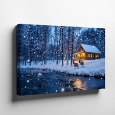 Cozy Log Cabin Nestled In A Snowy Landscape Surrounded By Wall Art Canvas Print