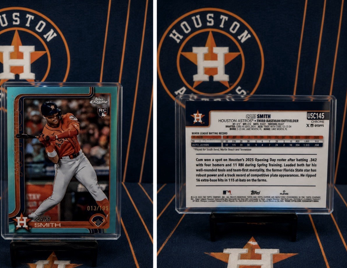 Topps 2025 Chrome Update Cam Smith #USC145 Astros Aqua 13 /199 RC Parallel