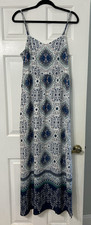 Skies Are Blue Maxi Dress M White Blue Flowers Navy Border Slit On Leg Strappy