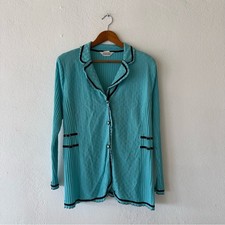 Exclusively Misook Teal Ribbed Knit Cardigan Top Womens Size XL Shoulder Pads