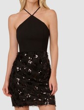 Adrianna by Adrianna Papell Women Black Sequin Fringe Halter Sheath Dress SZ 12