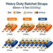 Heavy Duty Ratchet Straps 50mm 5 Ton Tie Down 5m 10m Claw Hooks 5000kg