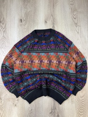 Herren M Vintage Mehrfarbig Funky Azteken Strickpullover Pulli Sweater 