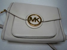 Michael Kors Medium Fulton Cream Bone Leather Crossbody Bag Gold Mk Medallion Ec