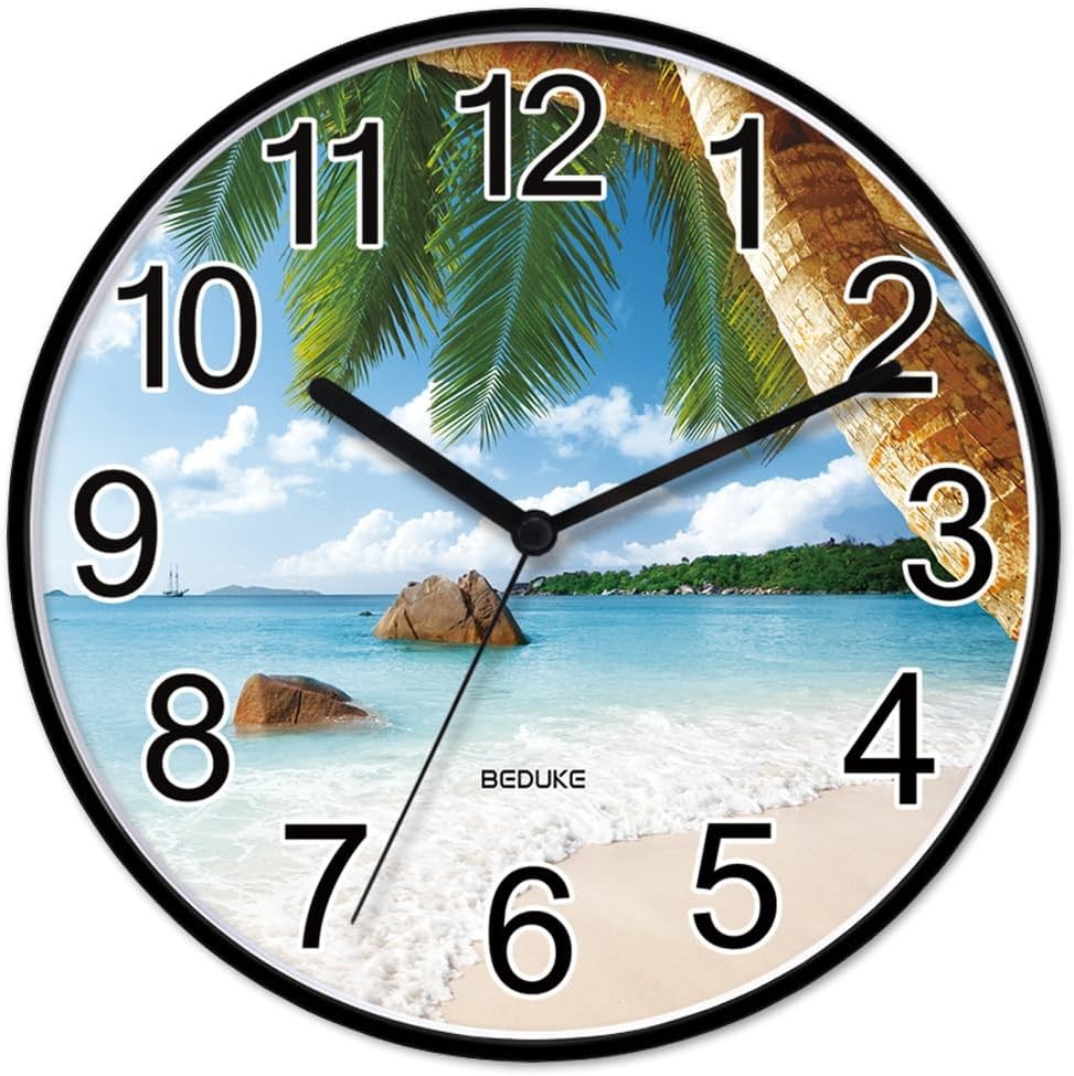 Wall Clock Non Ticking Large Number Coastal Beach Battery Operated Silent Quartz