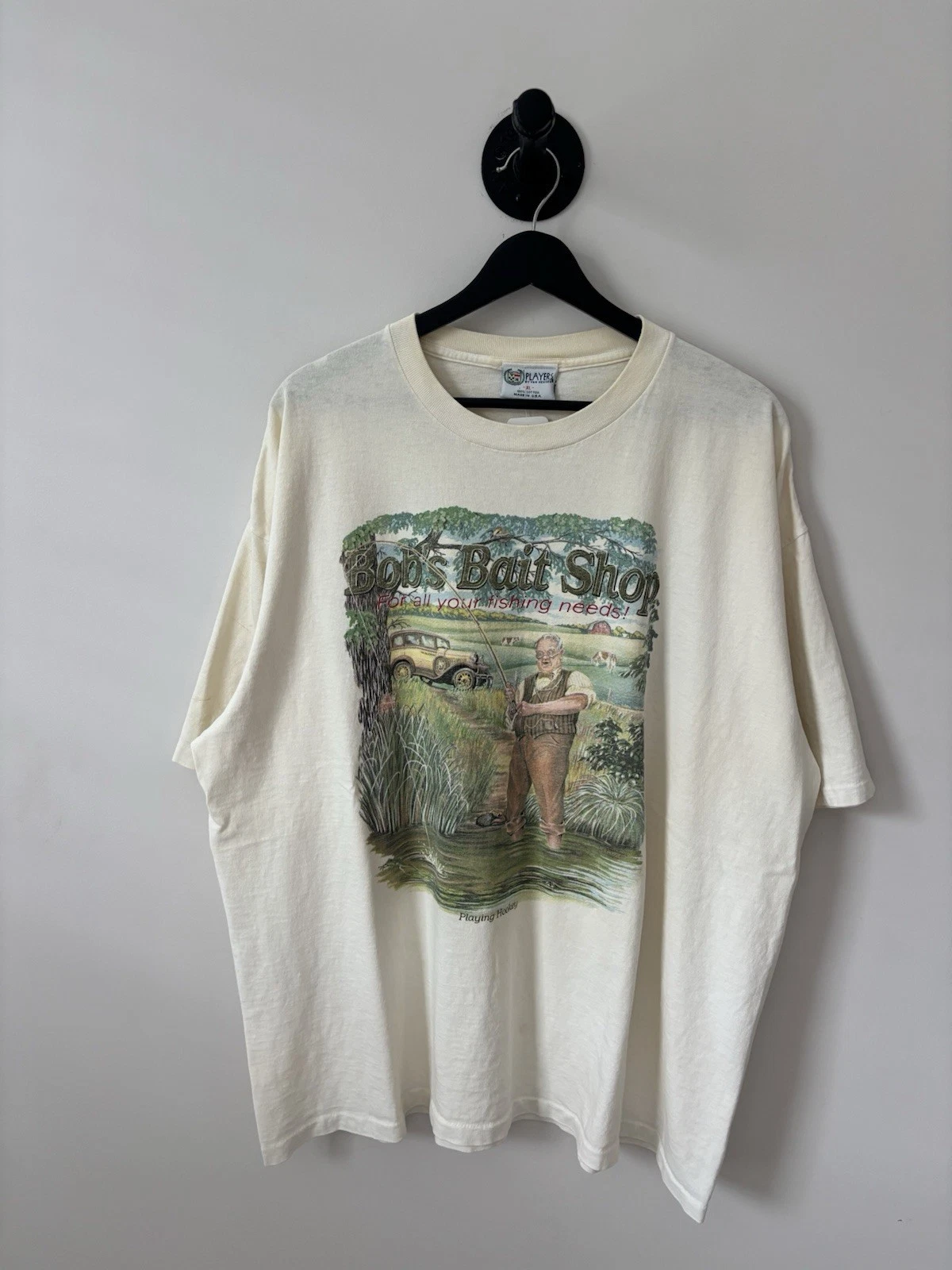 Vintage Fishing Shirt Mens XL Cream 90s USA Outdoors Bait Shop Art