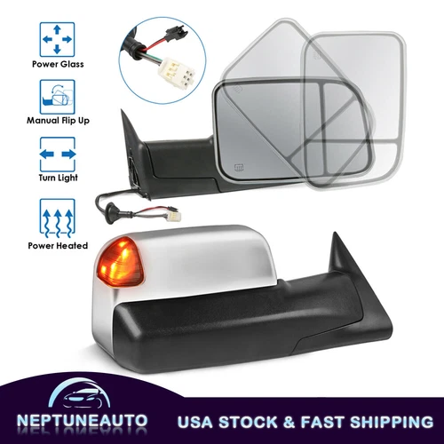 Chrome Turn Signal Power Heated Tow Mirrors For 1998-02 Dodge Ram 1500 2500 3500