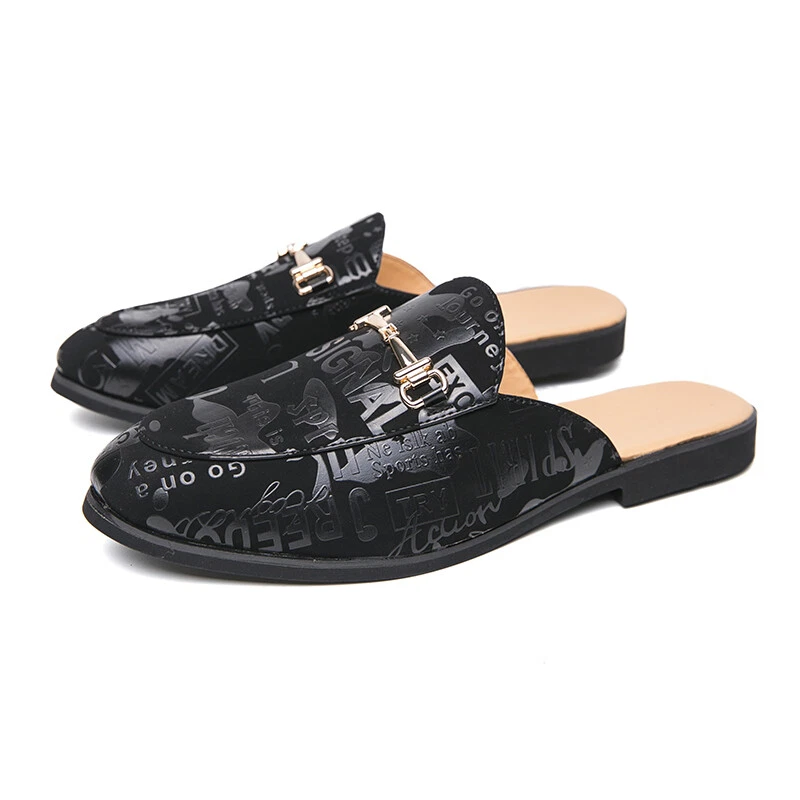 Hombres Moda Cuero Sin Espalda Sin Cordones Mula Oro Hebilla Mocasines Zapatos Transpirables Foto 3 de 4