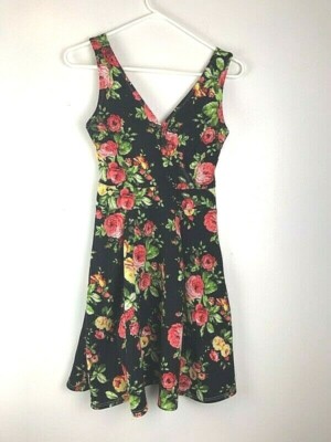 Solo La Fe Womens Faux Wrap Dress Multicolor Black Floral Stretch Sleeveless S