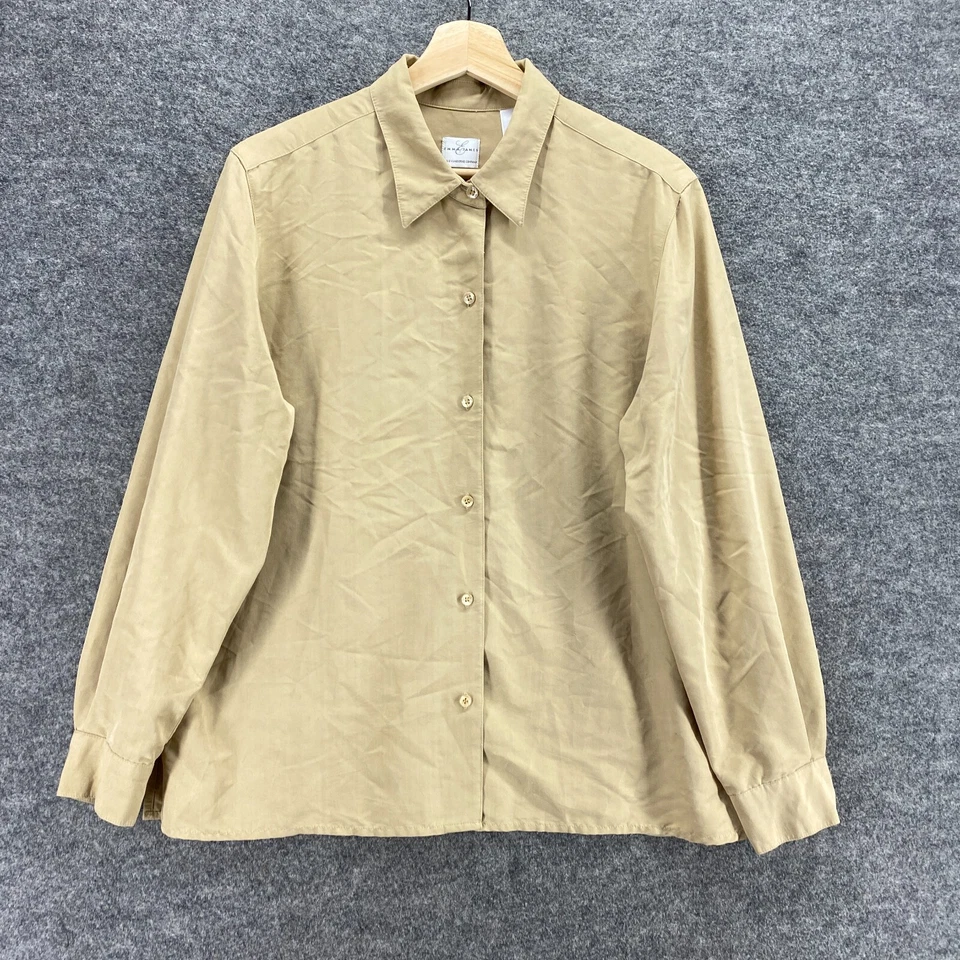 Camisa Emma James Mujer L Grande Beige Cuello Abotonado Manga Larga Rayón Sólida Foto 4 de 4