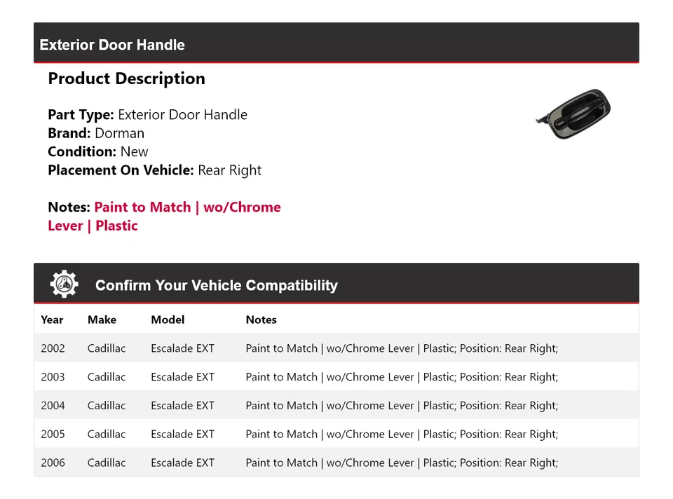Manija de puerta exterior trasera derecha 2003 para Cadillac Escalade EXT Dorman 2002-2006 Foto 2 de 4