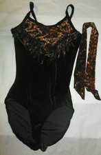 Black Velvet camisole leotard with western styling fringe Small adult sz 4-6