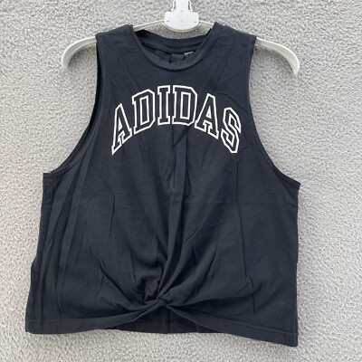 Adidas Crop Top Women Large Black Knot Front Big Front Spellout Gym  Activewear