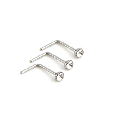 3x Nose Stud Surgical Steel 3mm Clear Gem L-Shape Pin Straight Piercing