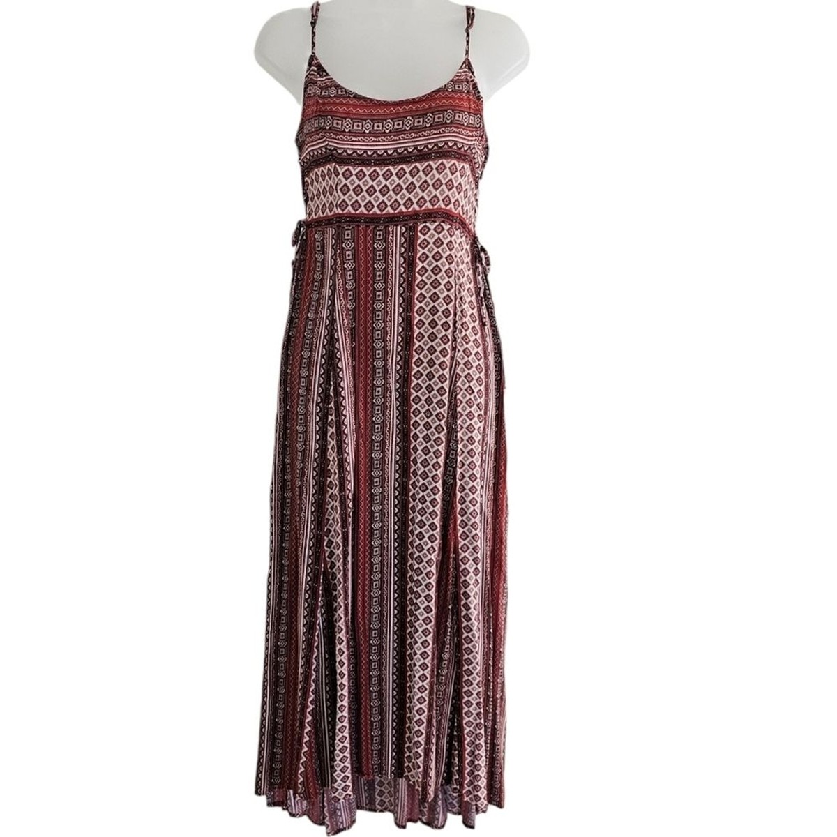 Hollister Maxi Dress Size M Red Maroon Cream Geometric Print Lace Up Sides  Boho | eBay