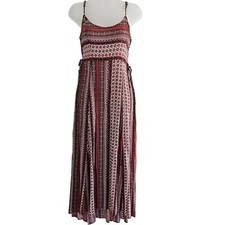 Hollister Maxi Dress Size M Red Maroon Cream Geometric Print Lace Up Sides Boho