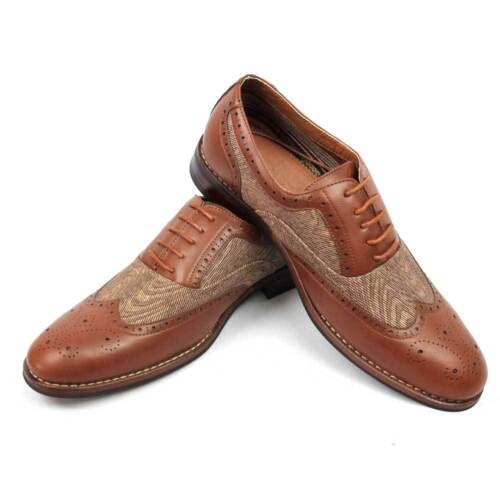New Men's Brown Ferro Aldo Textured Plaid Shoes Modern Wing Tip Brogue M139001G - Afbeelding 1 van 5