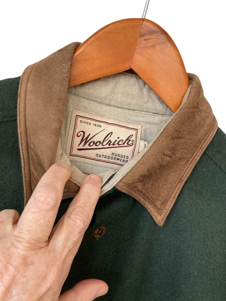 Woolrich Wool Shirt Jacket Men's Large Green, Suede Collar Patches - Image 4 of 4
