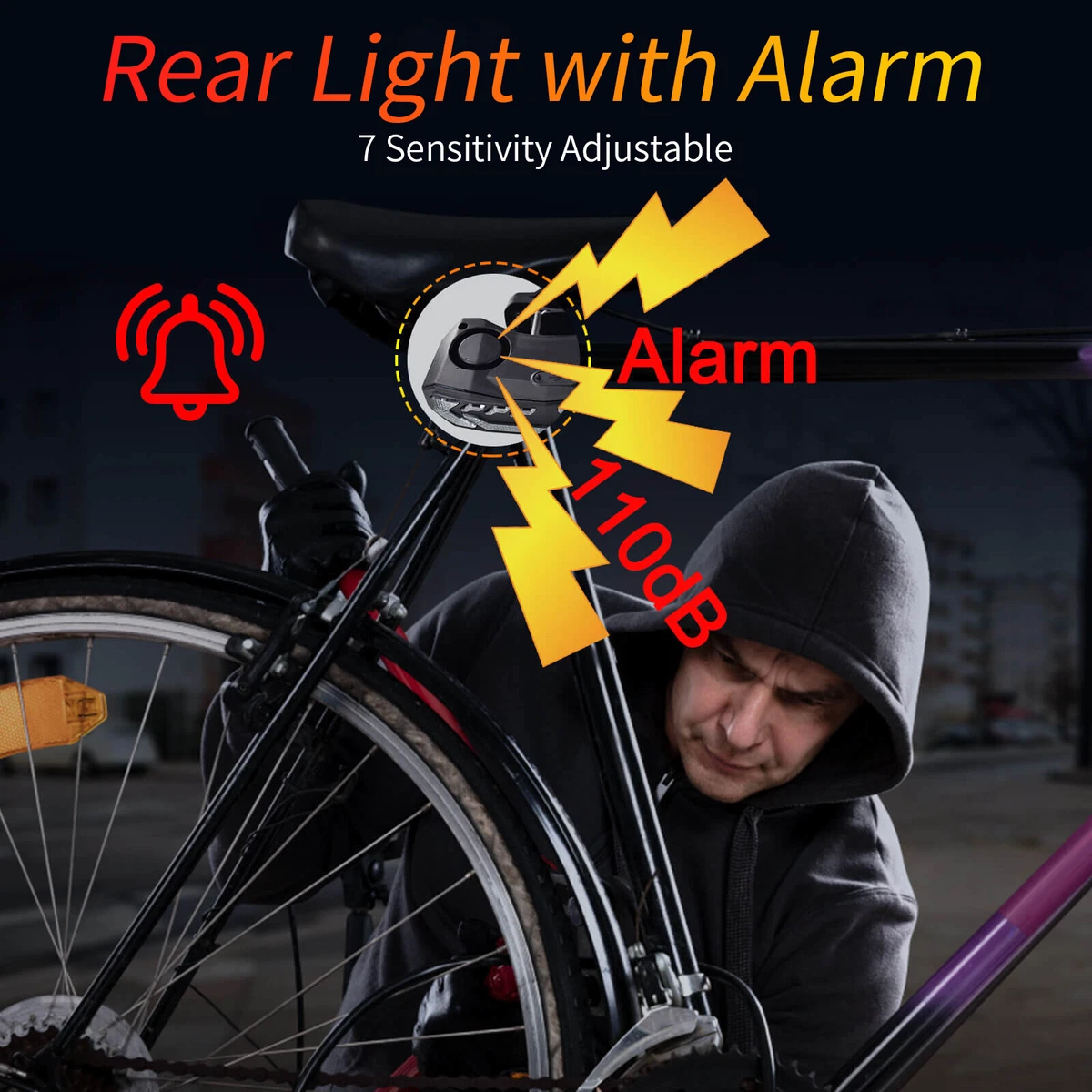 LED USB Rechargeable Tail Light Bike Bicycle Anti-theft Alarm Security Lock  1Set