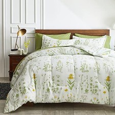 7 Piece Bed in a Bag King, Green Leaves Yellow Flower Botanical Design,