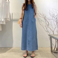 Womens Sleeveless Denim Tanks Dress Summer Pockets Jeans Maxi Dresses Plus Size+