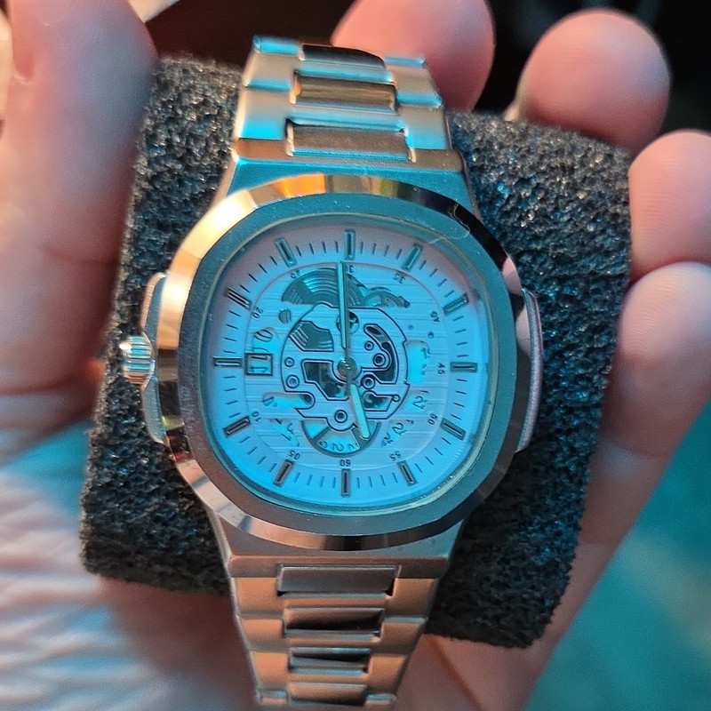 Skeleton Dial Analog Cushion Case Stainless Steel Bracelet Watch 100m Aj Jewlers