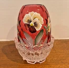 Fenton Cranberry Diamond Pansy Flower Fairy Lamp Candle Holder Signed