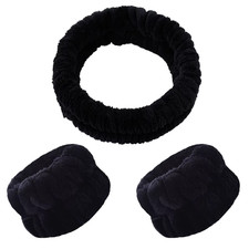 Black Spa Headband and Wristband Set Perfect for Face Wash, Makeup Routine