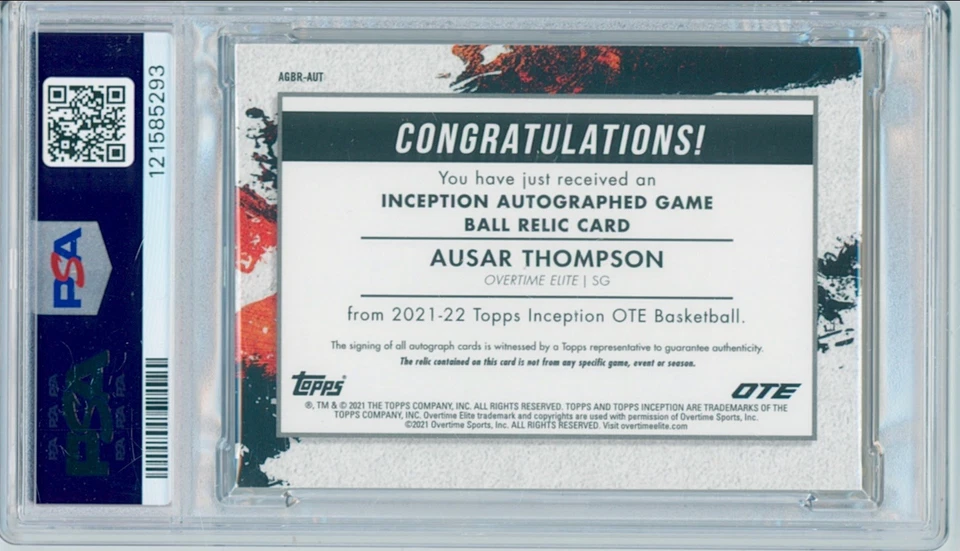 Ausar Thompson 2021 Topps Inception OTE Game Used Basketball Auto /10 PSA 9 - Image 2 of 2
