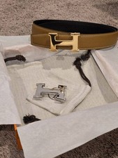 Hermes Belt Mens 95cm Brown Reversible Black With Gold silver Shiny Buckles