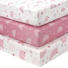 FIEMOL Baby Crib Sheets Girl, 3 Pack 52x28x8 Inch Pack of 3 , Pink Rainbow