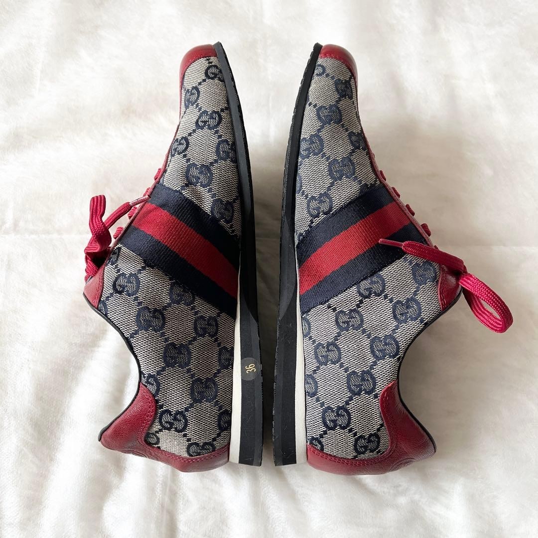 Auth Gucci Leather GG Low cut Sneakers Red Beige Logo EU36 US6 UK3 Women thumbnail 17